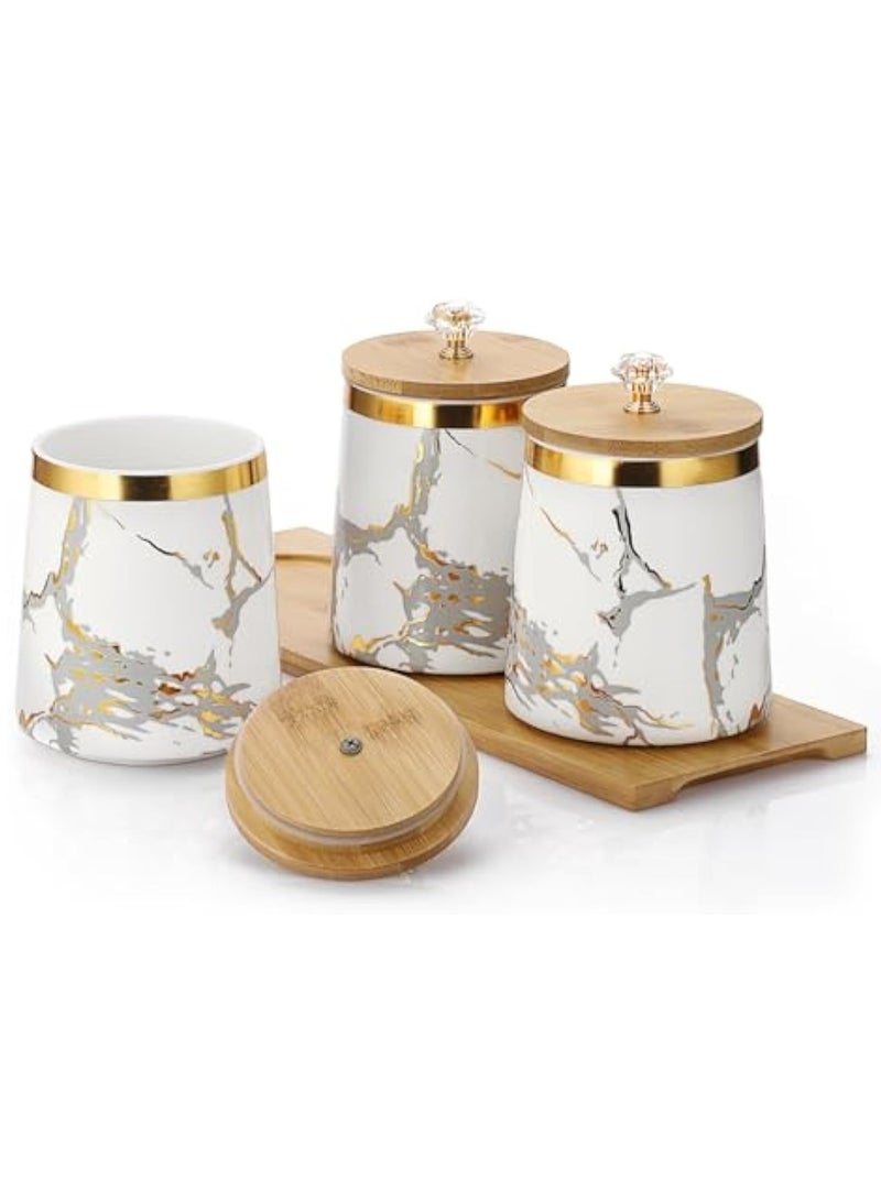 Arabest مجموعة من 3 حاويات للسكر والقهوة والشاي مع غطاء محكم، حاويات تخزين سيراميك بيضاء مع صينية، حاويات زخرفية للتخزين لمطبخك - Image 1
