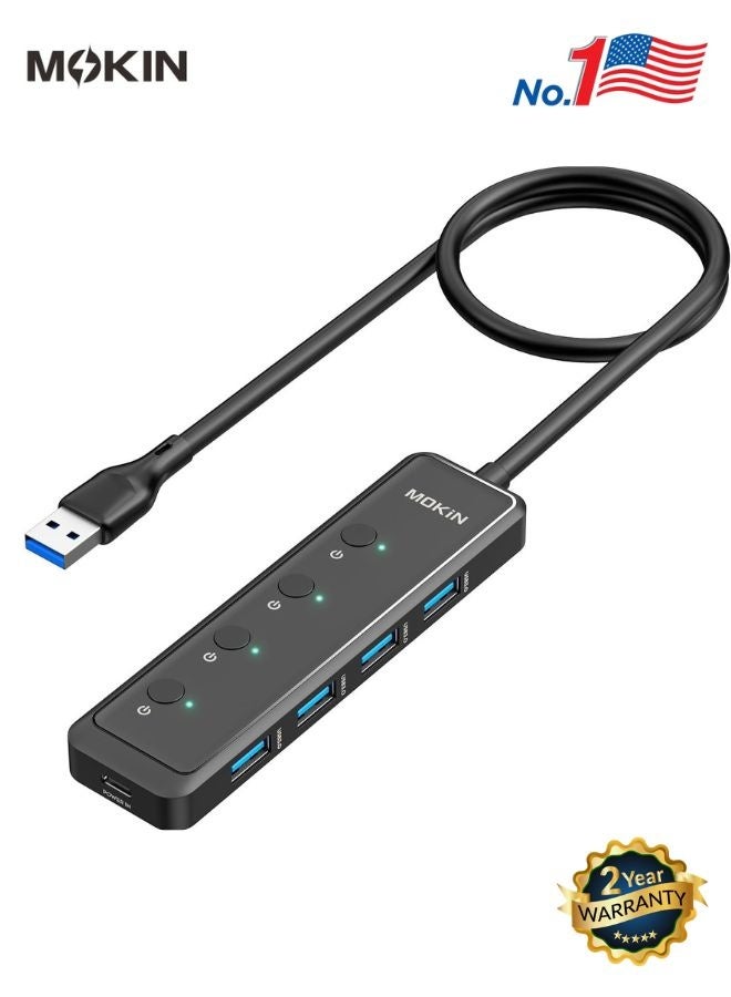 USB 3.0 Hub 5-Port Ultra Slim USB Extender – 4x USB-A 3.0 Ports + USB-C Power Port, 5Gbps High-Speed Multiport Adapter, Driver-Free Plug & Play for Laptop, Chromebook, Dell, Acer & More (2FT Cable) - 2 Years Warranty