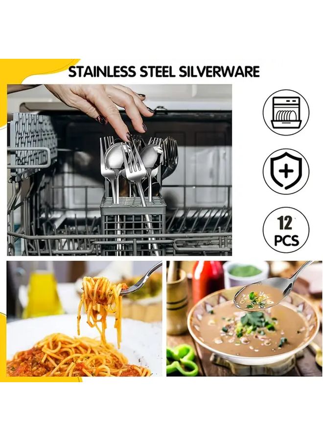 12pcs Silvery Stainless Steel Flatware Set 6 Forks 6 Spoons Dishwasher Safe - Image 5