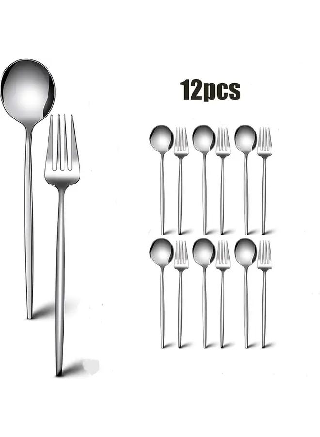 12pcs Silvery Stainless Steel Flatware Set 6 Forks 6 Spoons Dishwasher Safe - Image 1