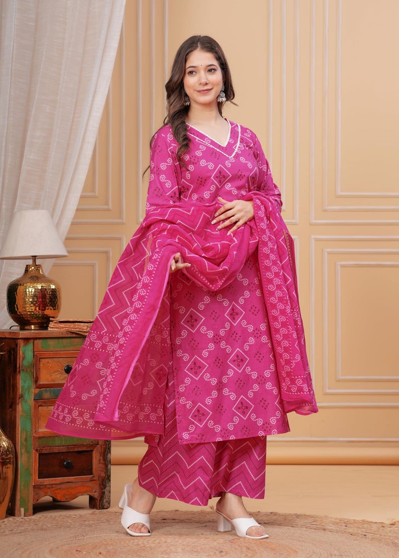 MEERA FAB Women's Plus Size Bandhani Printed Pure Cotton Kurta With Palazzo & Dupatta, 4XL, Pink - Image 4