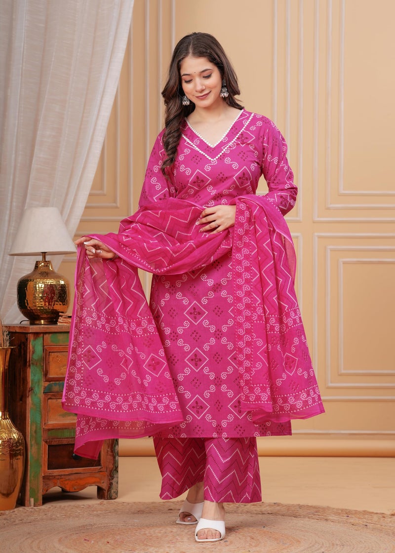 MEERA FAB Women's Plus Size Bandhani Printed Pure Cotton Kurta With Palazzo & Dupatta, 4XL, Pink - Image 2
