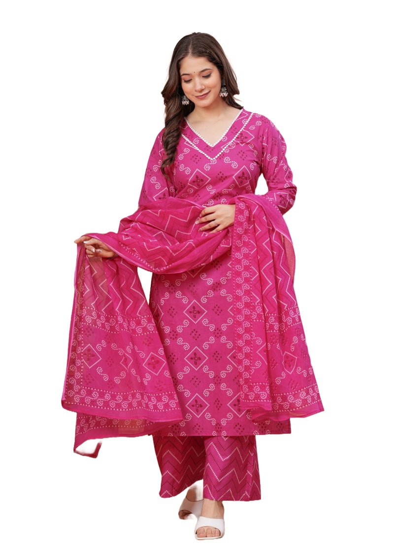MEERA FAB Women's Plus Size Bandhani Printed Pure Cotton Kurta With Palazzo & Dupatta, 4XL, Pink - Image 1