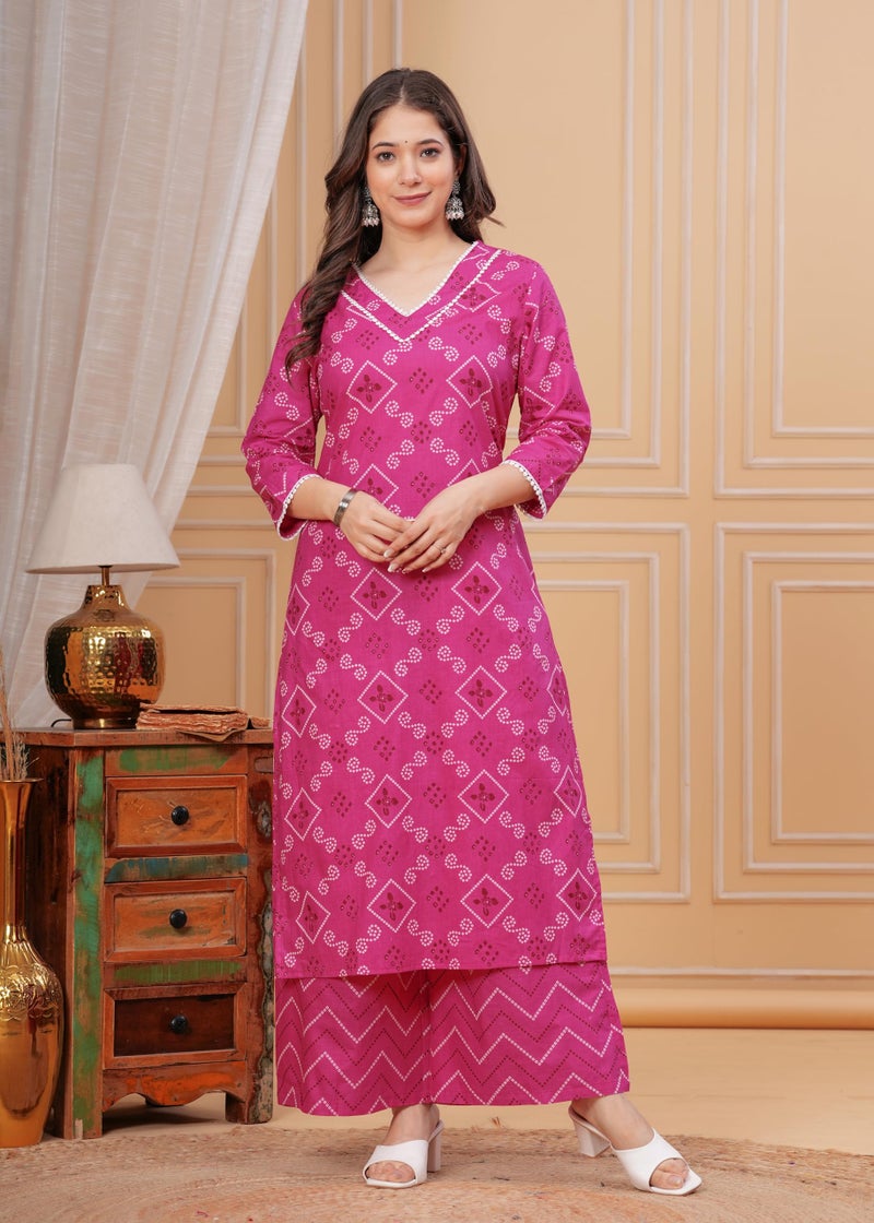 MEERA FAB Women's Plus Size Bandhani Printed Pure Cotton Kurta With Palazzo & Dupatta, 4XL, Pink - Image 5