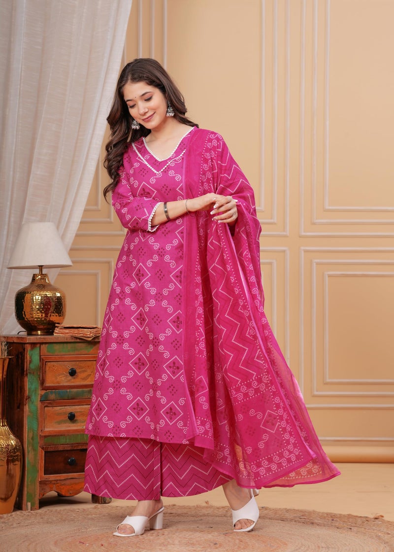 MEERA FAB Women's Plus Size Bandhani Printed Pure Cotton Kurta With Palazzo & Dupatta, 4XL, Pink - Image 3