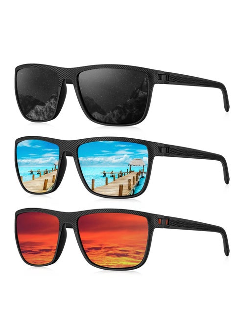 3-Pack HD Polarized Sunglasses - UV400 Protection (Black Frame + Gray/Blue/Red Lenses) | Glare Reduction, Lightweight & Unisex for Driving/Travel
