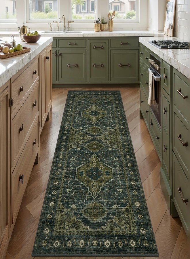 Tangsoo 2x6 Green Washable Runner Rug for Hallways, Non Slip Vintage Runner Rug, Soft Low Pile Long Rug Runner, Print Carpet Runners for Kitchen Bedroom Entryway Bathroom Living Room Olive Green - Image 1
