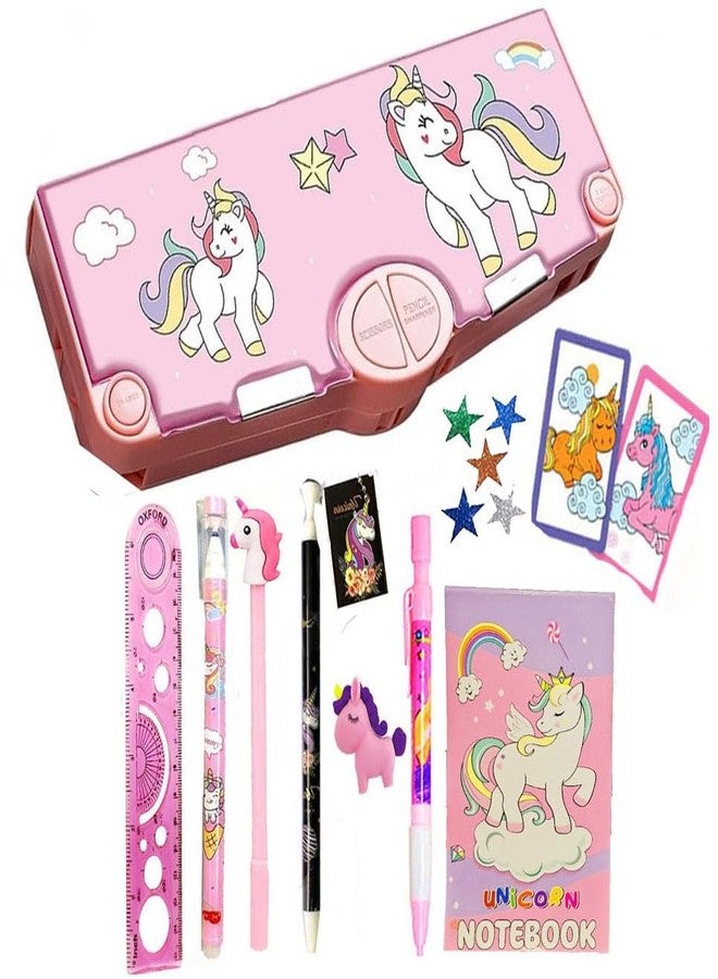 Neel® 11 in 1 Unicorn Theme Magnetic Pencil Box for Kids with Stationery Pencil case Geometry for Girls Buttons Operated Stationey Holder for Kids with Accessories (Unicorn)