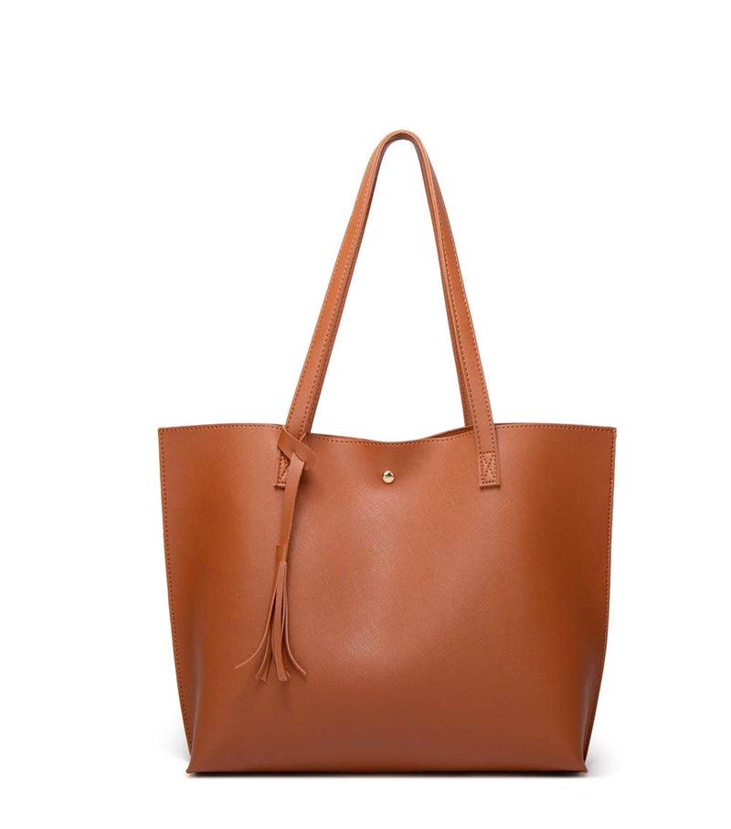 Dreubea Women's Soft Faux Leather Tote Shoulder Bag from, Big Capacity Tassel Handbag Brown New - Image 1