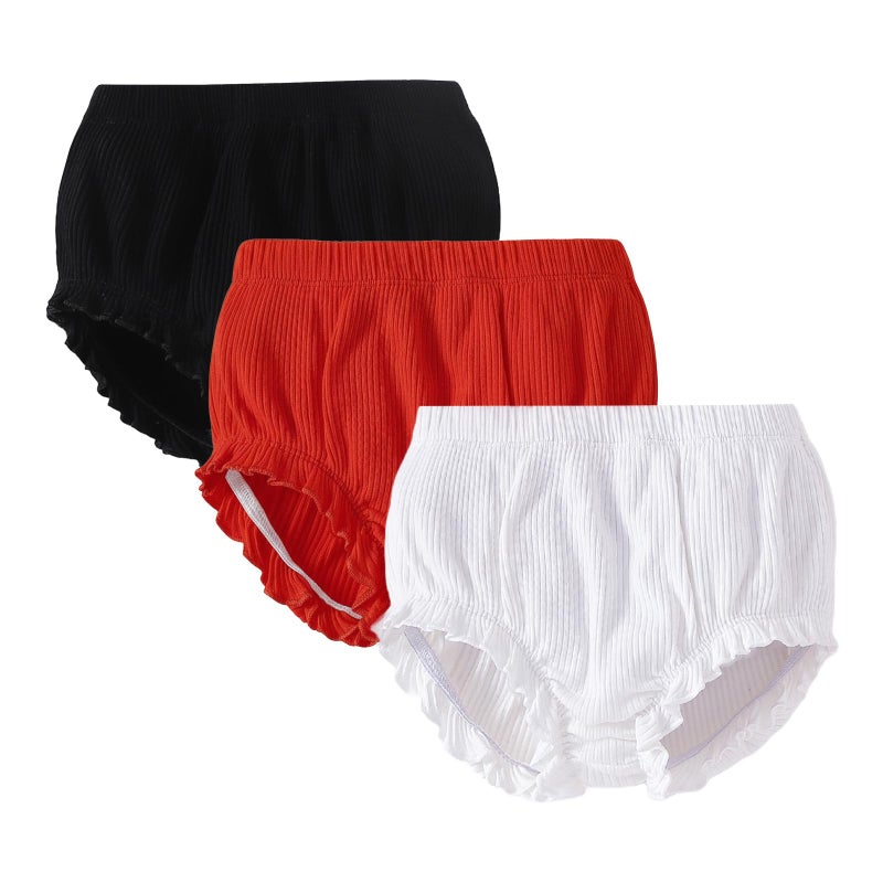 SOBOWO 3-Pack Bloomers for Baby Girls Diaper Covers Ribbed Ruffle Solid Triangle Baby Girl Shorts Summer Toddler Underwear(Black/Red/White-1, 18-24 Months) - Image 1