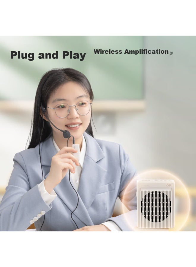 Deli مضخم صوت لاسلكي للمعلمين، مكبر صوت محمول 13 واط مع ميكروفون مثبت على الخصر، بلوتوث، فتحة بطاقة ذاكرة، ووظيفة تسجيل، بيج - Image 3