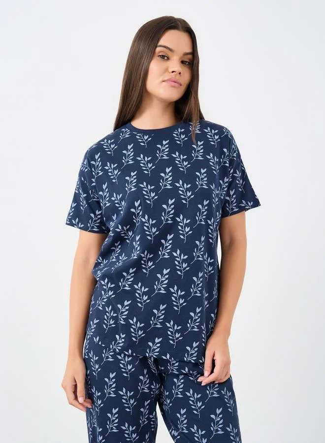 Styli Styli Cotton Floral Dropped Shoulder T-Shirt and Pyjama Set