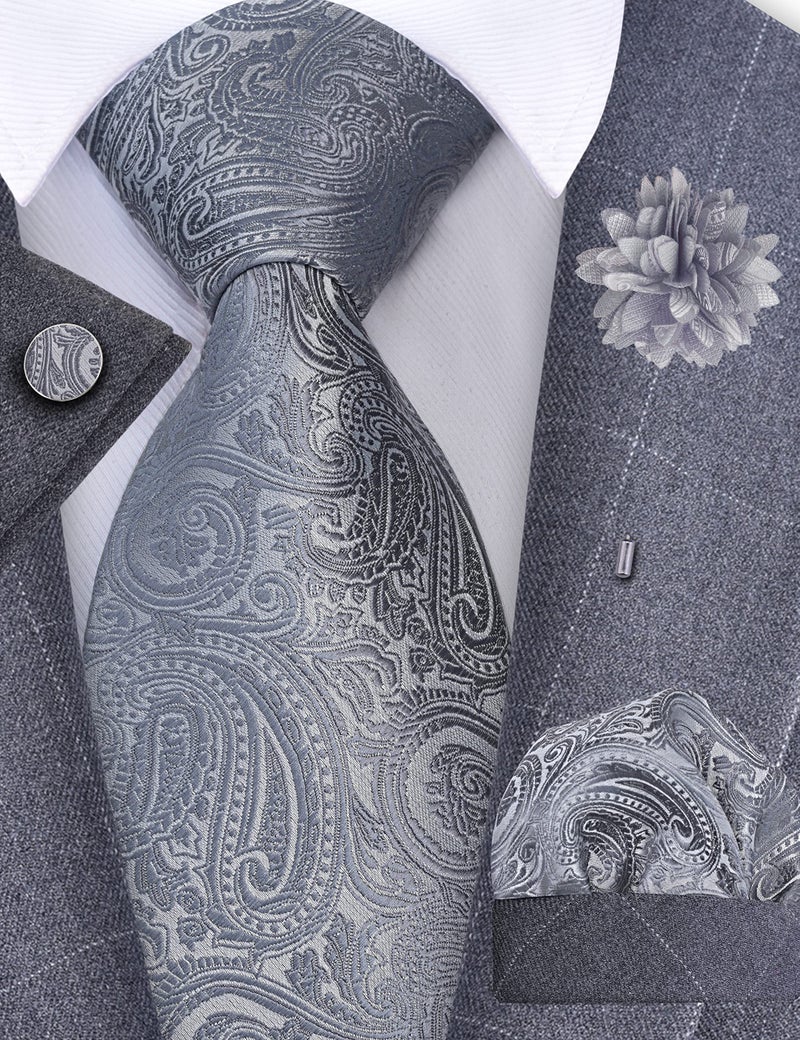 GUSLESON Mens Sliver Grey Tie for Wedding Gray Paisley Necktie Pocket Square Cufflinks and Lapel Pin Brooch Set (IN6103-26) - Image 2