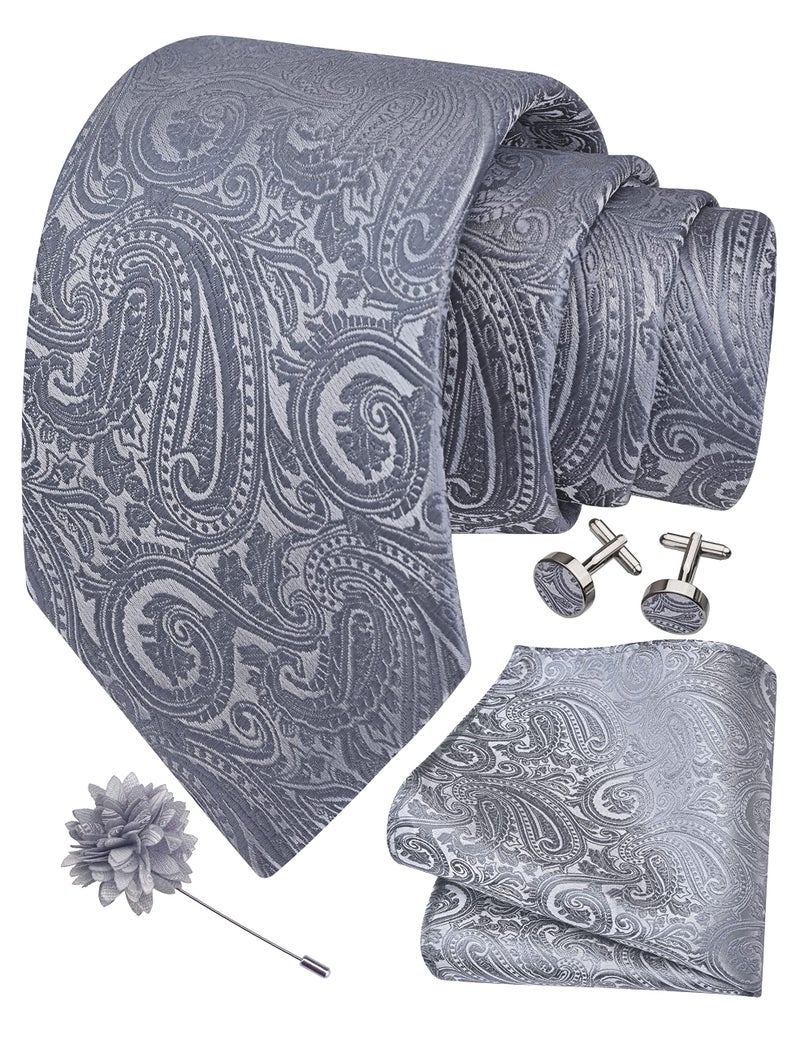 GUSLESON Mens Sliver Grey Tie for Wedding Gray Paisley Necktie Pocket Square Cufflinks and Lapel Pin Brooch Set (IN6103-26) - Image 1