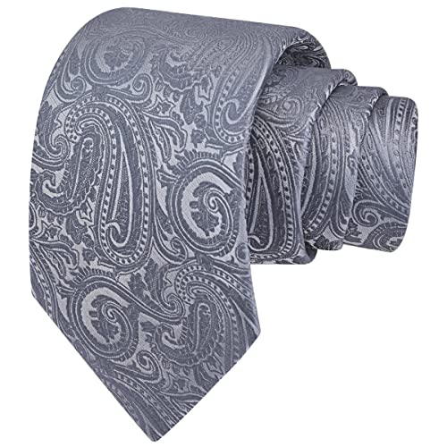 GUSLESON Mens Sliver Grey Tie for Wedding Gray Paisley Necktie Pocket Square Cufflinks and Lapel Pin Brooch Set (IN6103-26) - Image 4
