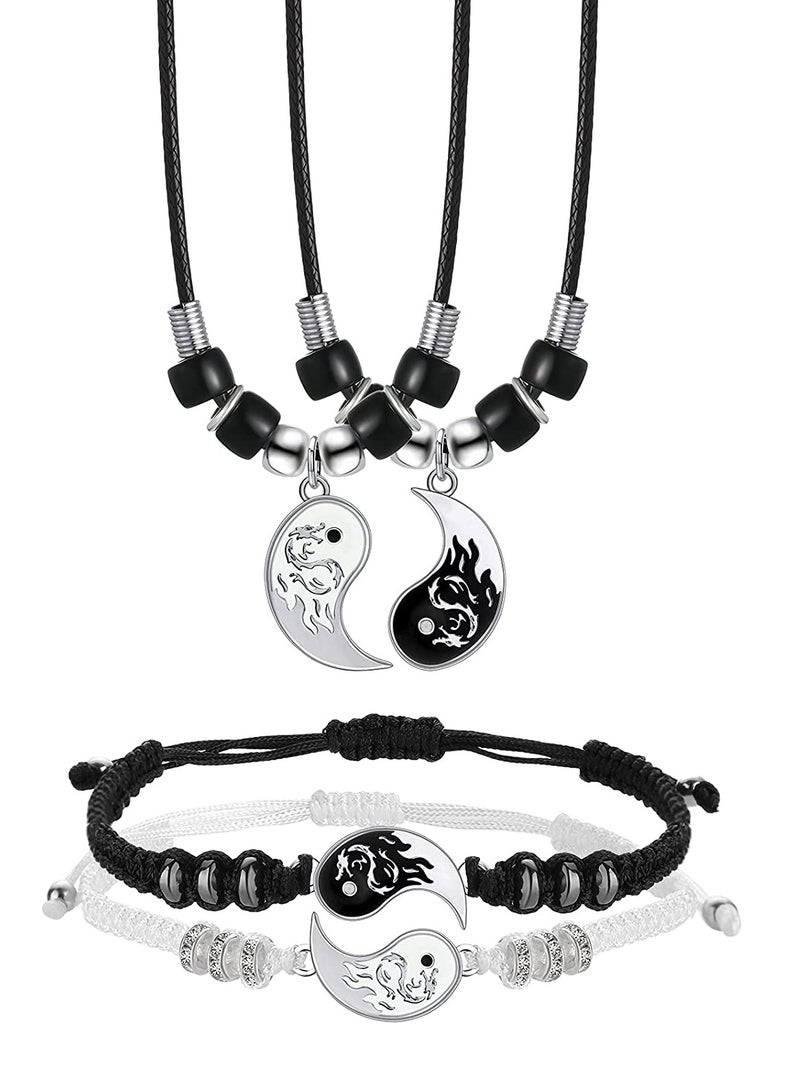 Stainless Steel Yin Yang Pendant Necklace and Bracelet Set, 2 Pieces Dragon Yin Yang Adjustable Cord Bracelets, 2 Pieces Dragon Yin Yang Pendant Necklace Chains for Friendship - Image 1