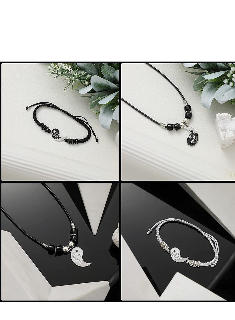 Stainless Steel Yin Yang Pendant Necklace and Bracelet Set, 2 Pieces Dragon Yin Yang Adjustable Cord Bracelets, 2 Pieces Dragon Yin Yang Pendant Necklace Chains for Friendship - Image 2