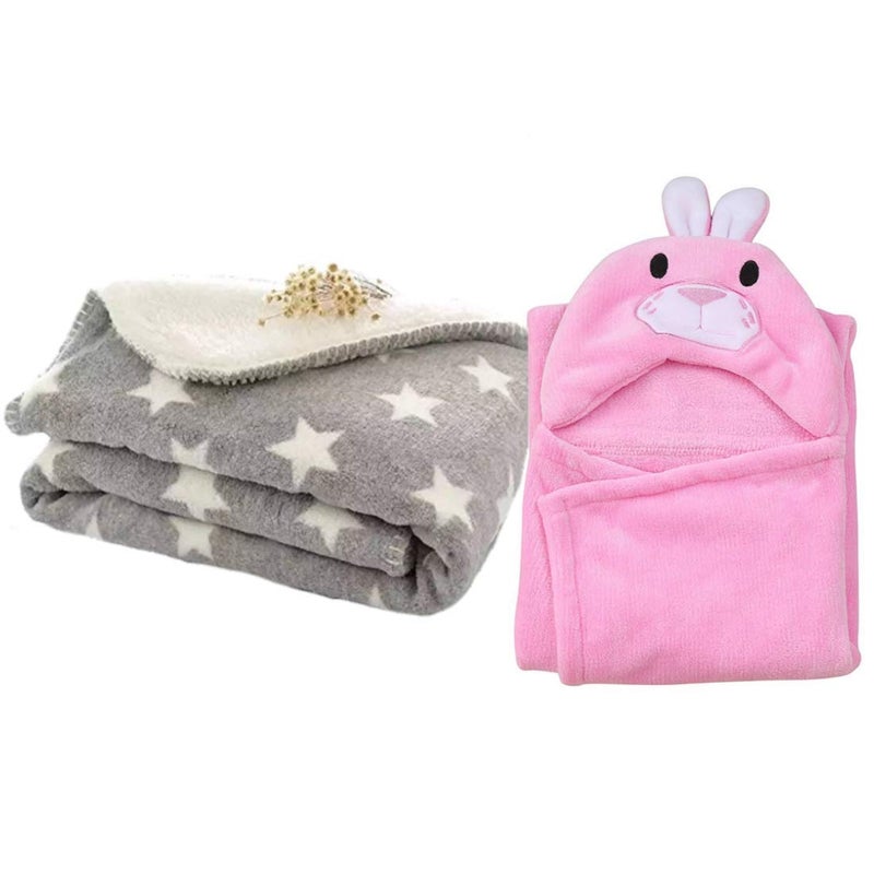 BRANDONN All Season Supersoft Hooded and Printed Blanket and Bath Towel Pack of 2 (Grey, Baby Pink) - Image 1