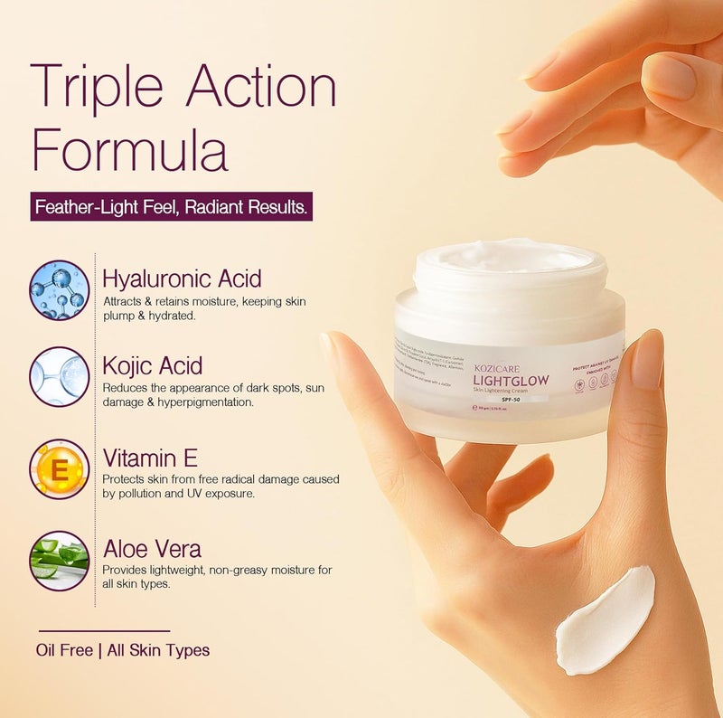 Kozicare Kojic Acid Cream with Hyaluronic Acid Vitamin E Lightweight Moisturizer with SPF 50 Nourishing for All Skin Types Achieve Radiant Flawless Skin Perfect for Women Men 50 gm - Image 2