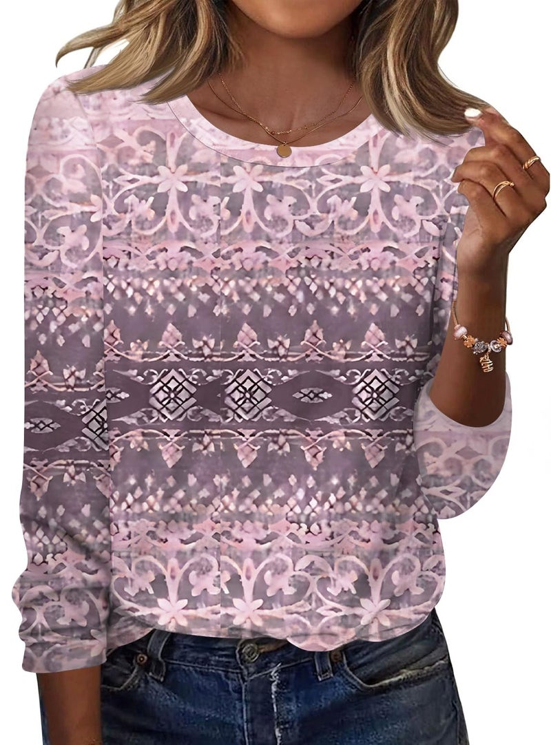 TCOT Crew Neck Tops for Women Bohemia Floral Long Sleeve Business Casual Blouses Shirts Fashion Clothes 2026 L - Image 1