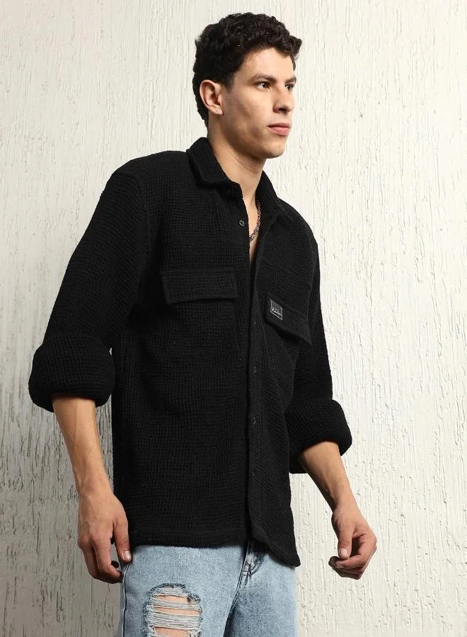 Hubberholme Men's Black Cotton Blend Solid Pattern Button Down Oversized Shirt