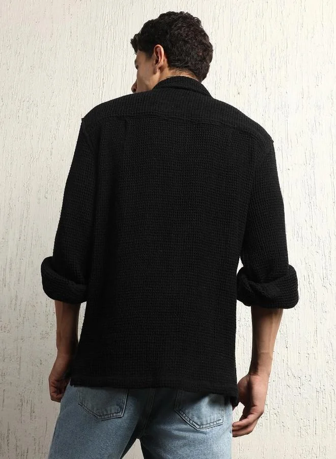 Hubberholme Men's Black Cotton Blend Solid Pattern Button Down Oversized Shirt