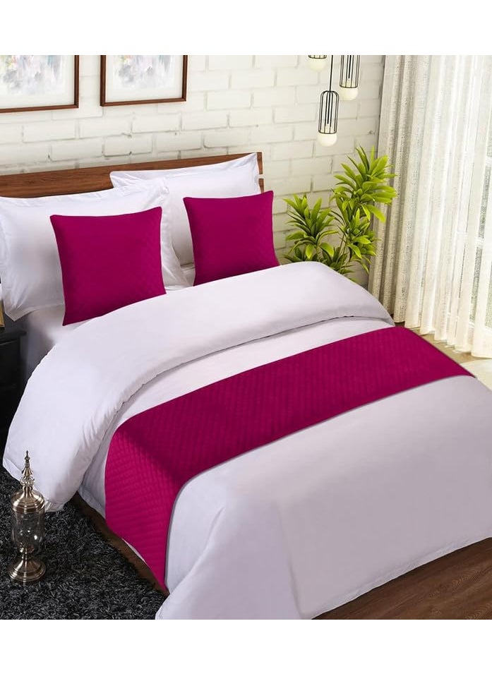 Hardeep - Hardeep Quilted Velvet Combo of Bed Runner with Cushion Covers Pink Bed Runner 18x90inches Cushion Covers 16x16inches - Image 1