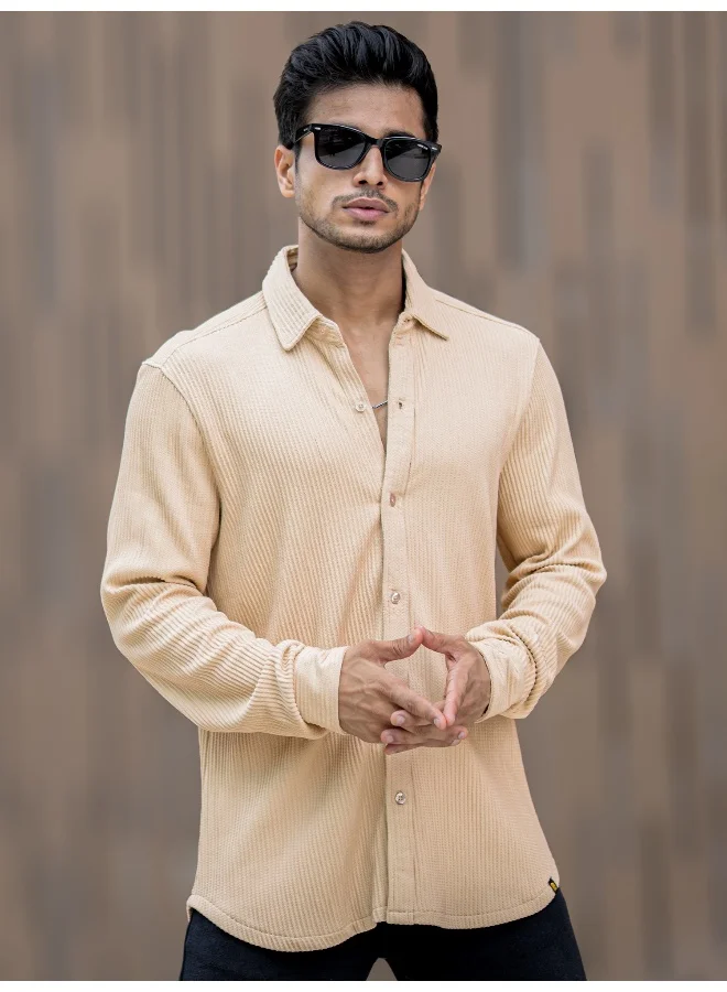 مانياك قميص رجالي بيج بأكمام كاملة وخطوط عمودية من البولي قطن