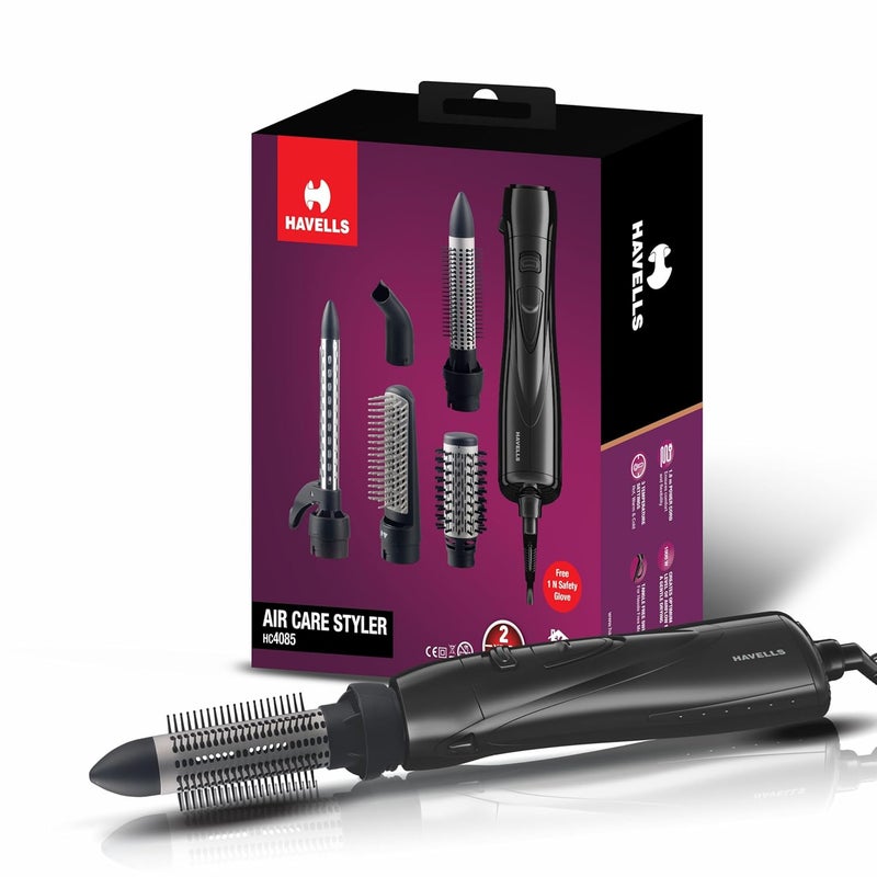 Havells مجفف شعر هافيلز 1000 وات مع جهاز تكثيف الهواء | فرشاة نصفية للتصفيف، مكواة تجعيد أنيقة، فرشاة لف ناعمة | مناسبة لجميع أنواع الشعر | أسود | Hc4085 - Image 1