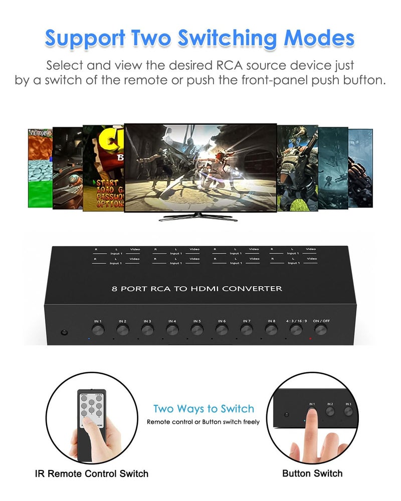 OseTub 8 Port RCA to HDMI Converter, Dual AV to HDMI Converter Supports 16:9/4:3 Composite to HD MI Adapter Support 1080P PAL/NTSC Compatible with Sega/Xbox/PS1/PS2/PS3/WII/N64/VHS, VCRs, and DVD Players - Image 2
