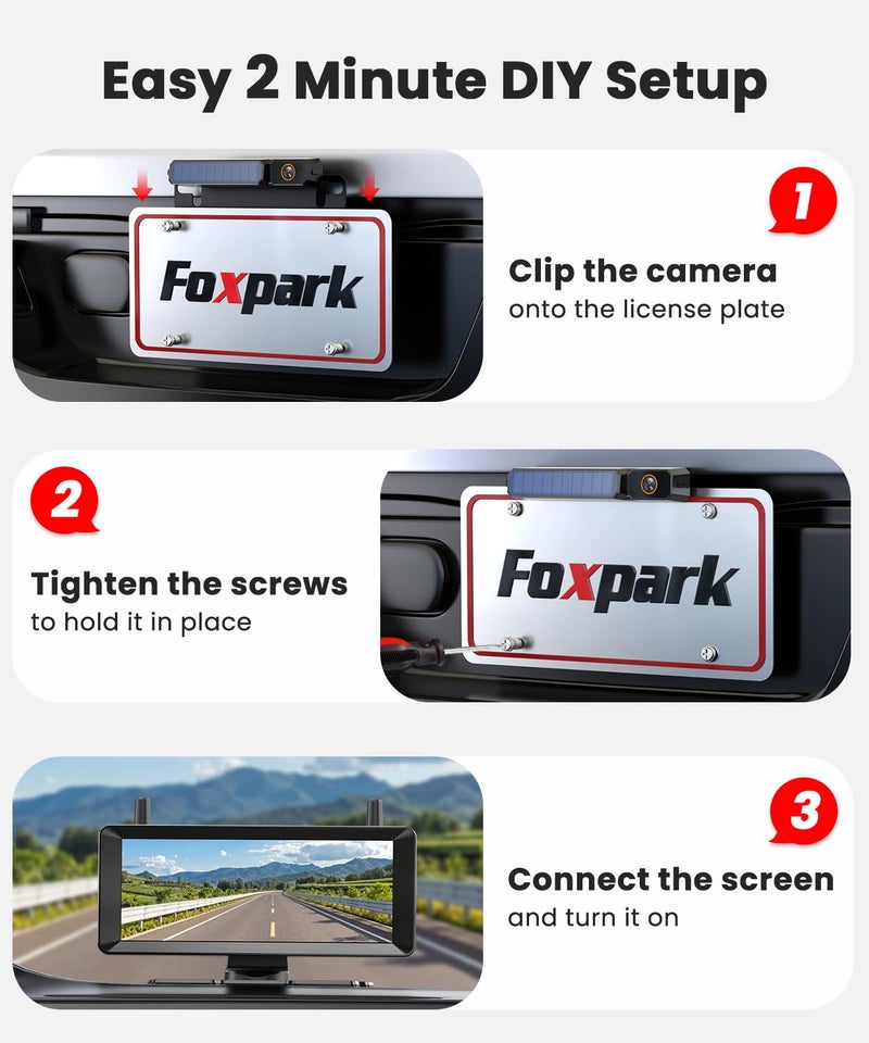 Foxpark Solar Wireless Backup Camera: 7.2" 1080P Monitor, 2-Min DIY Installation, Dual Antennas, Split-Screen DVR Recording, IP69K Waterproof Reverse Camera for Car, Van, SUV, Truck, Trailer - Image 3