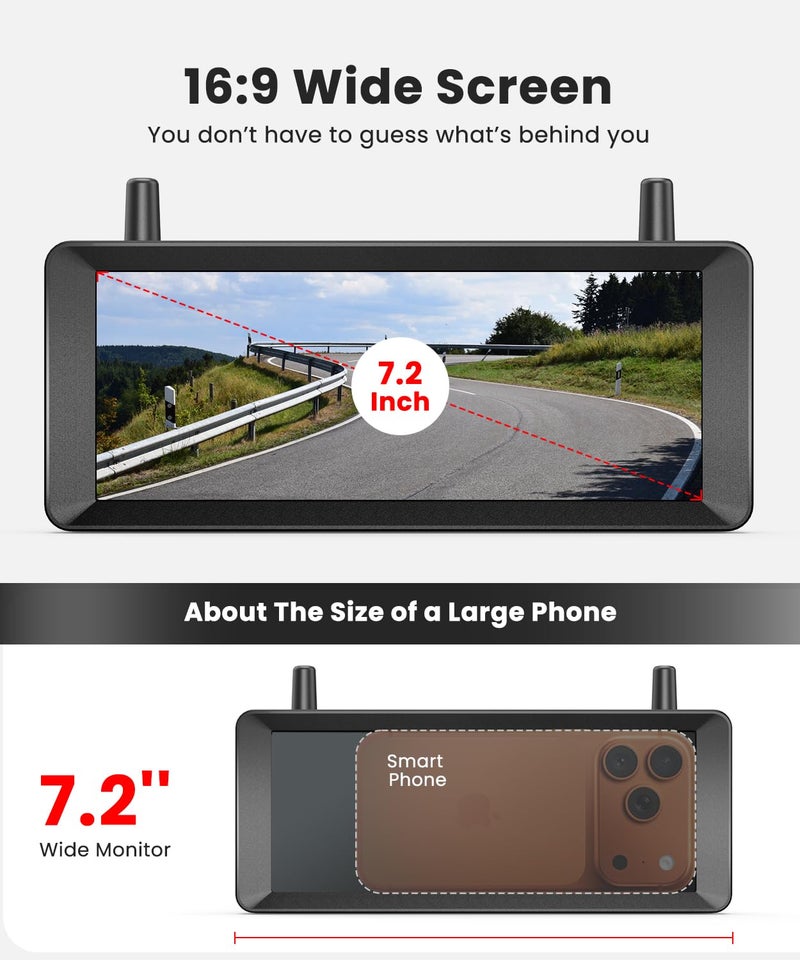 Foxpark Solar Wireless Backup Camera: 7.2" 1080P Monitor, 2-Min DIY Installation, Dual Antennas, Split-Screen DVR Recording, IP69K Waterproof Reverse Camera for Car, Van, SUV, Truck, Trailer - Image 5