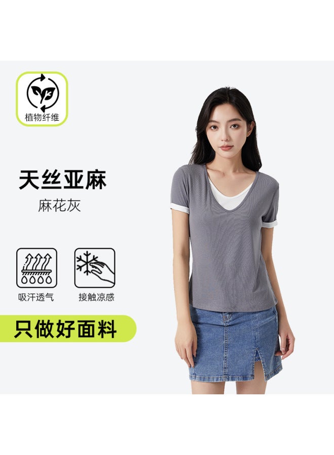 Fake Two-piece Linen V Neck T-shirt For Women In Summer, Niche, Cool, Casual, Versatile, Slimming Look, Short-sleeved Women's Right Shoulder