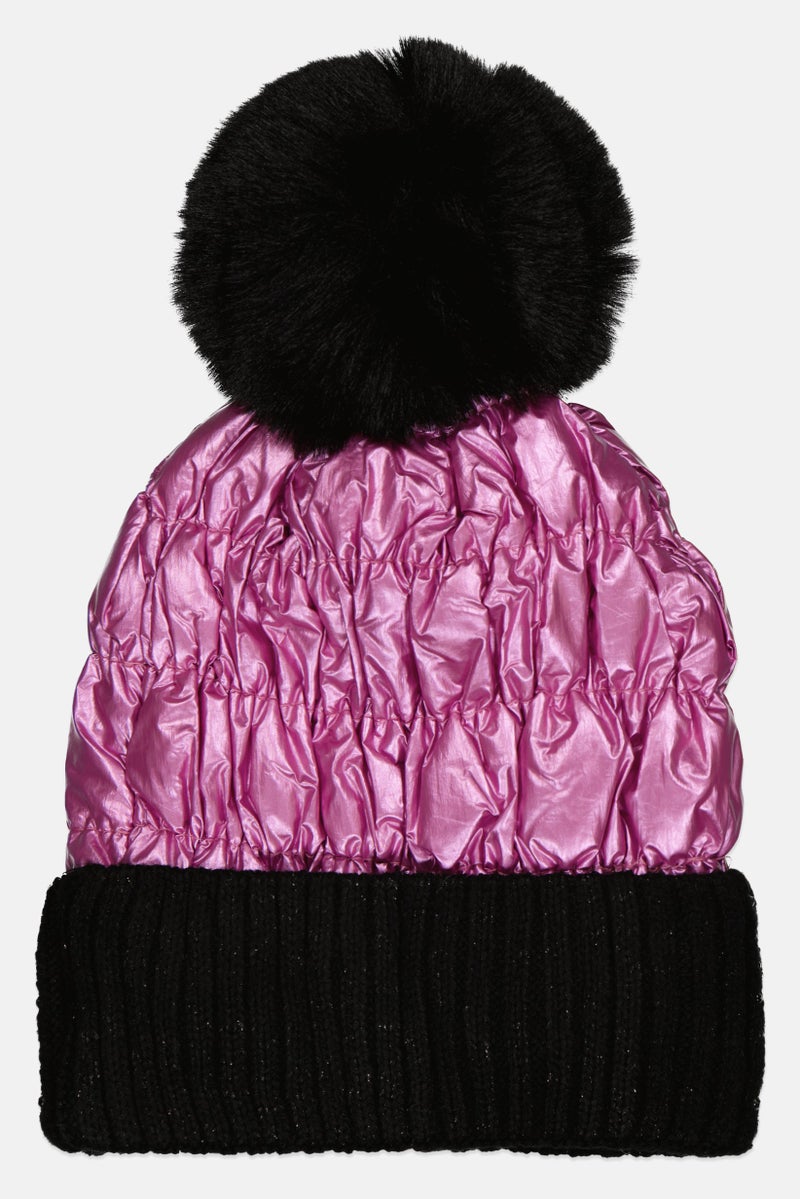 Justin Gregory Women Pom Pom Puffer Beanie, Pink 