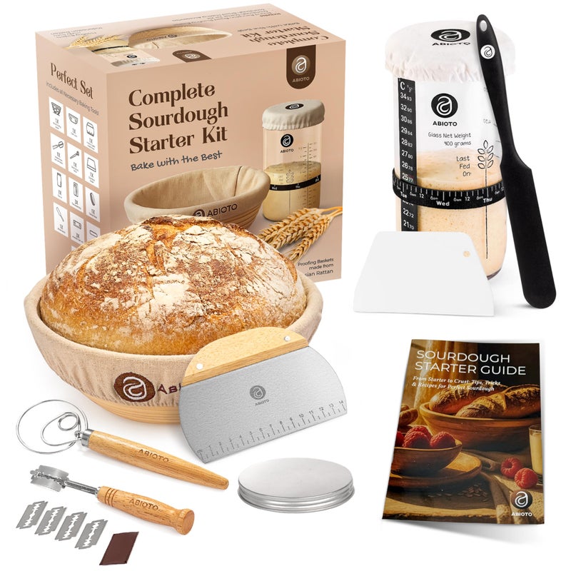 ABIOTO Complete Sourdough Supplies with 9" Round Banneton Proofing Basket and 24oz Starter Jar - Beginner-Friendly Sourdough Bread Kit and Baking Gifts for Women, Men, and Bread Bakers - Image 1