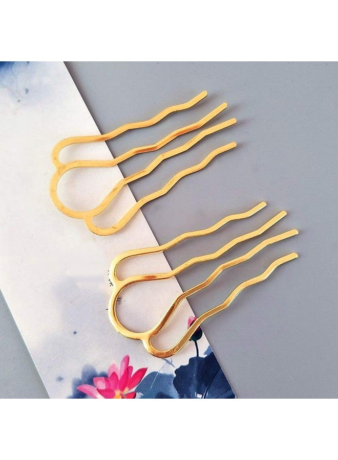 lasenersm 6 Pieces 4 Teeth Hair Combs Pins Brass Hair Fork Clips Hair Bun Plug Holder Hair Sides Comb Clip Hair Comb Clips Bridal Hair Accessories For Girls And Women Large 65 X 35Mm Golden - Image 2