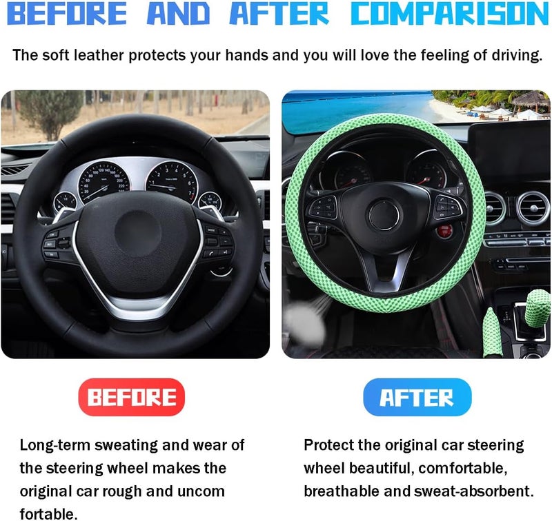 Bittwee 3PCS 15Inch Car Steering Wheel Cover Armrest Cover Gear Shift Cover Set, Microfiber Breathable Anti-Slip Automotive Steering Wheel Protector, Vehicle Interior Decor, Universal Fit（Green） - Image 3