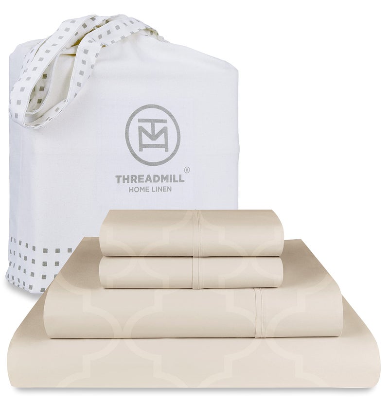 Threadmill 300 Thread Count Jacquard Tradition Tradition Light Beige Queen Sheets - 100 ٪ Cotton Treasable Soil Sofm Sheets - 3 PC SPER SHOPET MOICTS DEECTIDED ALGETS - TRILLE FREED SHOETS by Threadmill - Image 1