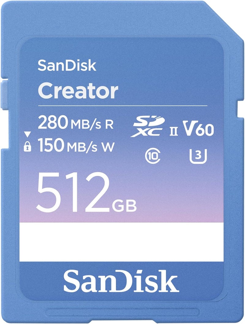 سانديسك 512GB Creator SD UHS-II Card, Read speeds up to 280MB/s, for DSLR and Mirrorless Cameras, 4K UHD, 6K Video, V60, 1 Month of Adobe Creative Cloud Included - SDSDXEP-512G-GNCIS 512 GB - Image 1