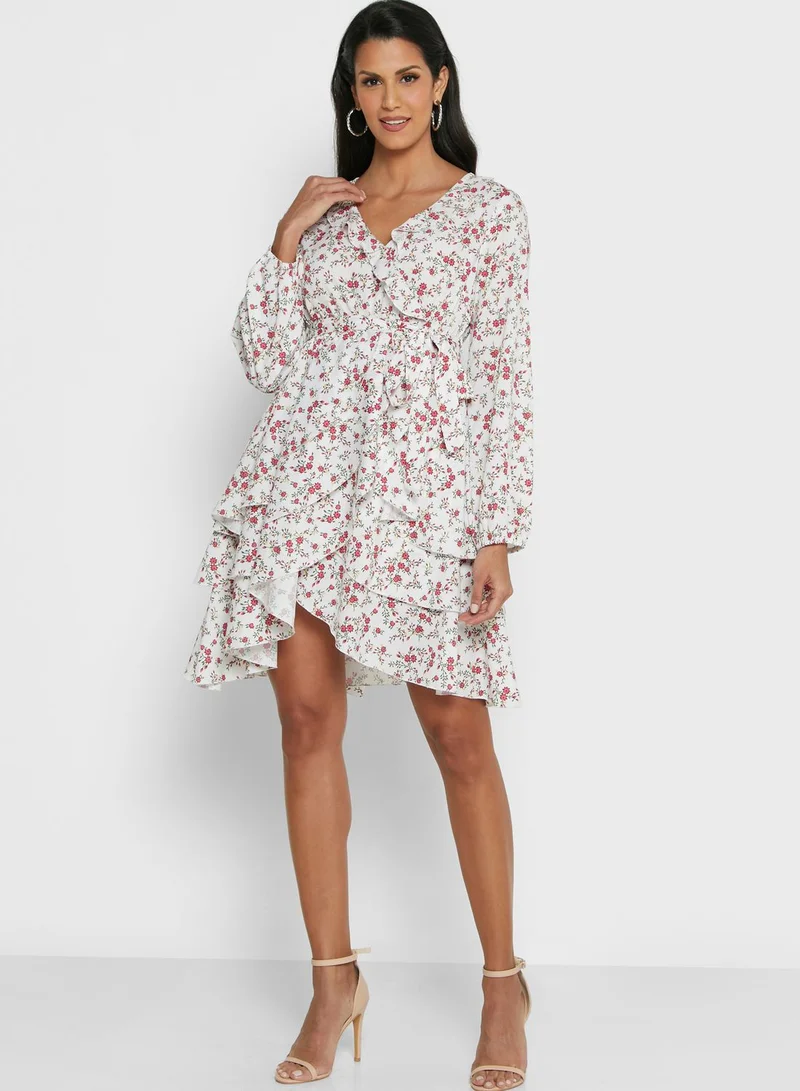 ELLA Asymmetrical Ruffle Detail Wrap Dress