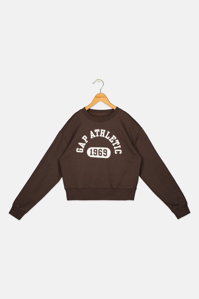 GAP Kids Boy Crew Neck Long Sleeve Graphic Print Sweatshirt, Dark Brown - Image 1