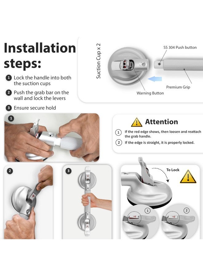 KosmoCare Suction Grab Bar | Tool Free Shower Handle | Portable Grab Bar | Safety Rail for Handicap Elderly Senior | Quick (Dis) Assemble | Heavy Duty | 17 inch Silver - Crest Series - Image 3