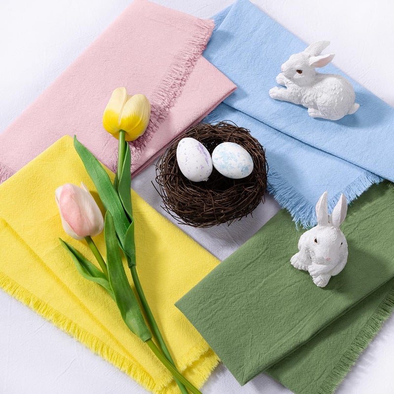 DeZerlor 12 Pack Easter Color Cotton Linen Napkins with Fringe Easter Spring Cloth Napkins Set of 12 Boho Handmade Dinner Napkins Bulk for Wedding Bridal Baby Boy Shower Parties, 17 x 17 - Image 1