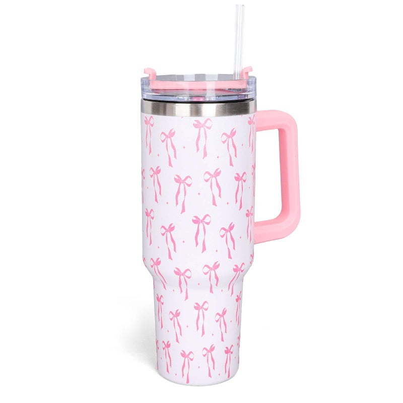 Whaline 40oz Pink Bow Tumbler with Handle Straw and Lid BowKnot Travel Coffee Tumbler Cup for Women Friend Holiday Birthday Gift