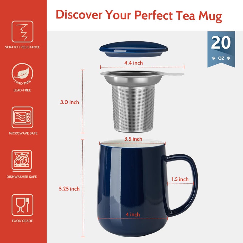 Sweese 20oz Porcelain Teacup with Infuser and Lid, Large Tea Mug for Loose Tea - Microwave and Dishwasher Safe, Insulated, Modern Design for Tea Lovers - Image 2