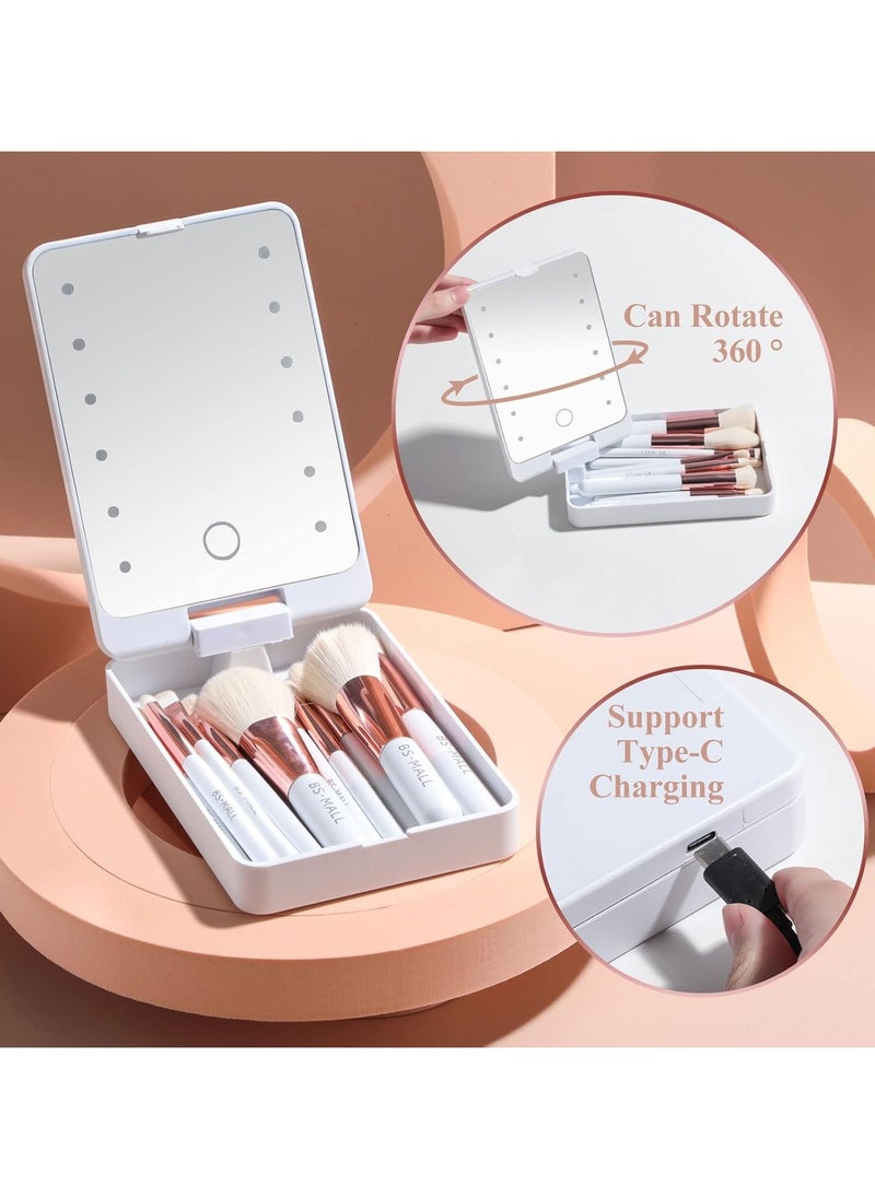 ARNOTEC Travel Makeup Brush Set Foundation Powder Concealers Eye Shadows Makeup Set with LED light Mirror 14 Pcs White  - Image 3