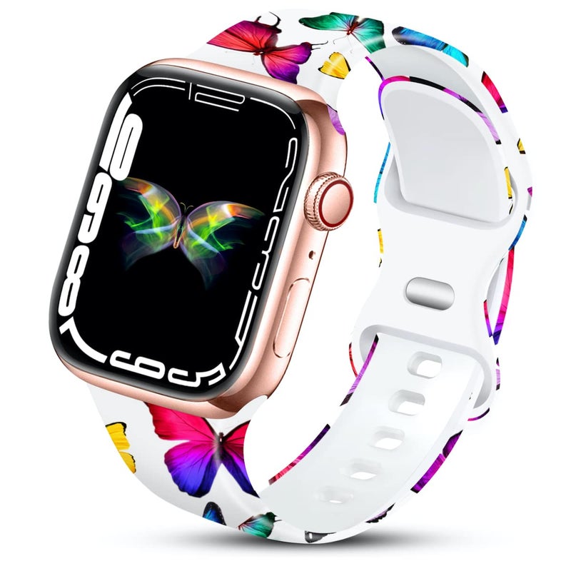 IKANFI Sport Band Compatible with Apple Watch Bands 49mm 45mm 44mm 42mm 41mm 40mm 38mm Women, Silicone Floral Printed Fadeless Pattern Design Strap for iWatch Series 9,8,7,6,5,4,3,2,1,SE - Image 1