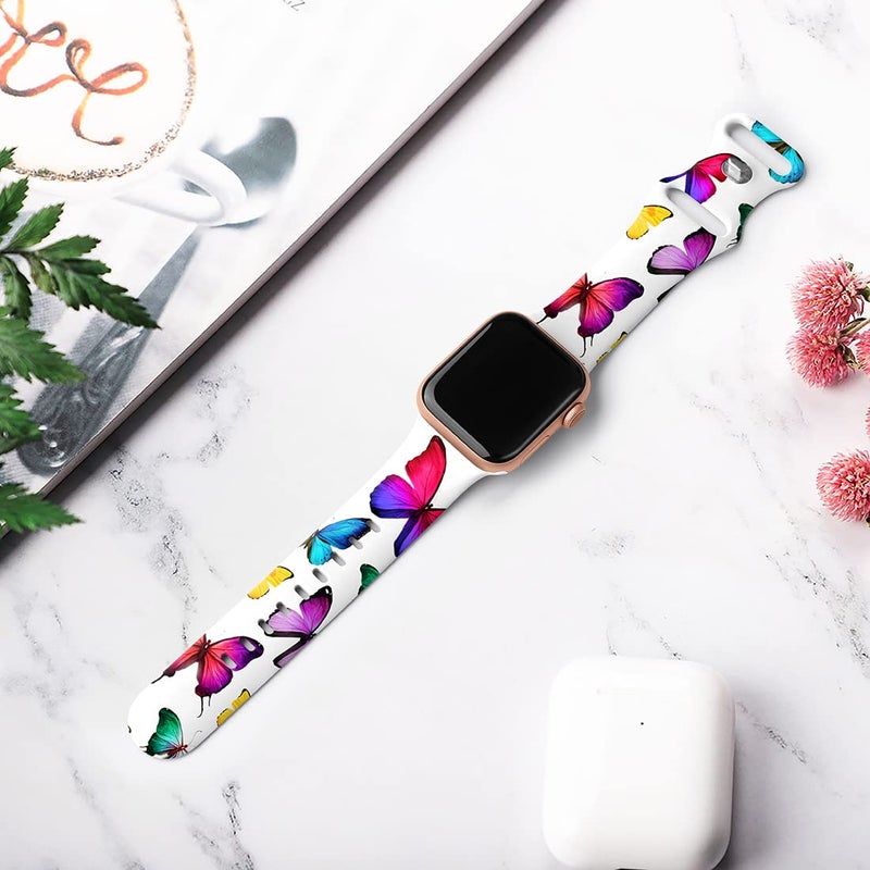 IKANFI Sport Band Compatible with Apple Watch Bands 49mm 45mm 44mm 42mm 41mm 40mm 38mm Women, Silicone Floral Printed Fadeless Pattern Design Strap for iWatch Series 9,8,7,6,5,4,3,2,1,SE - Image 2