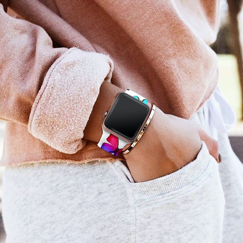 IKANFI Sport Band Compatible with Apple Watch Bands 49mm 45mm 44mm 42mm 41mm 40mm 38mm Women, Silicone Floral Printed Fadeless Pattern Design Strap for iWatch Series 9,8,7,6,5,4,3,2,1,SE - Image 5