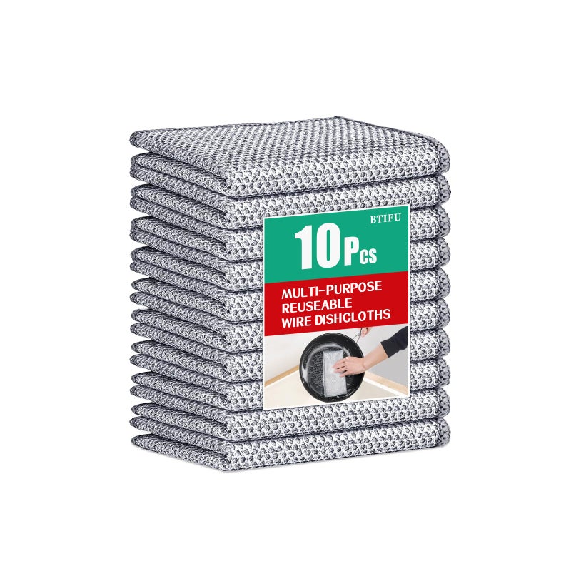 BTIFU 10 Pcs Multipurpose Wire Dishwashing Rag,Reusable Non-Scratch Wire Dishcloth,Metal Dish Cloth Wet and Dry,for Kitchen Cleaning,Sinks,Dishes,Stove Top,Dimensions(7.87X7.87) - Image 1